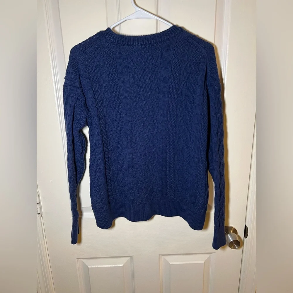 J.Crew Blue Cable Knit Crewneck Sweater Size L 100% Cotton